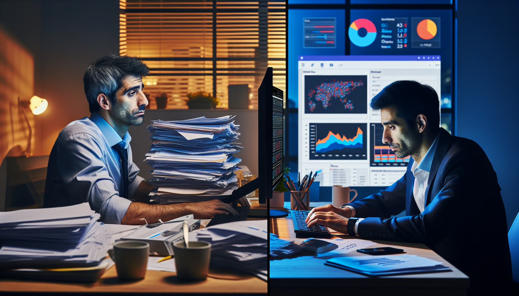 Empresario antes y después de usar inteligencia artificial en su pyme: de la mesa llena de papeles al escritorio ordenado con dashboard de IA