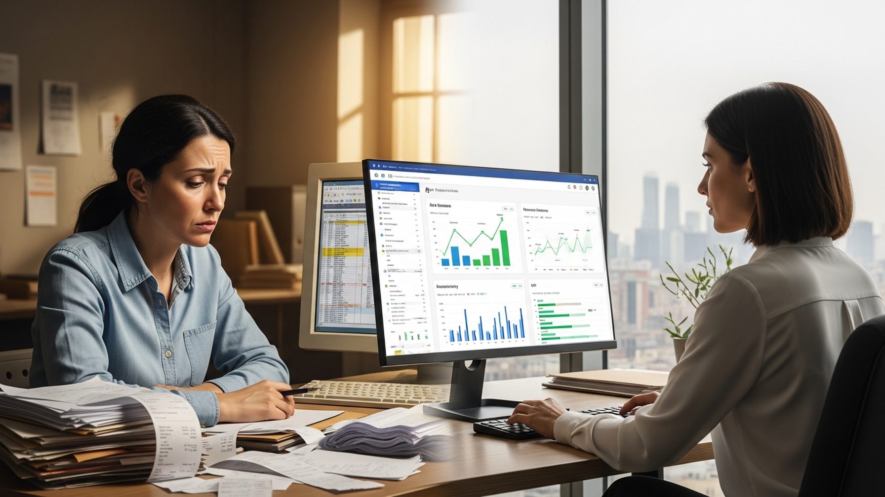 Comparativa hiperrealista entre gestión empresarial manual y ERP con inteligencia artificial